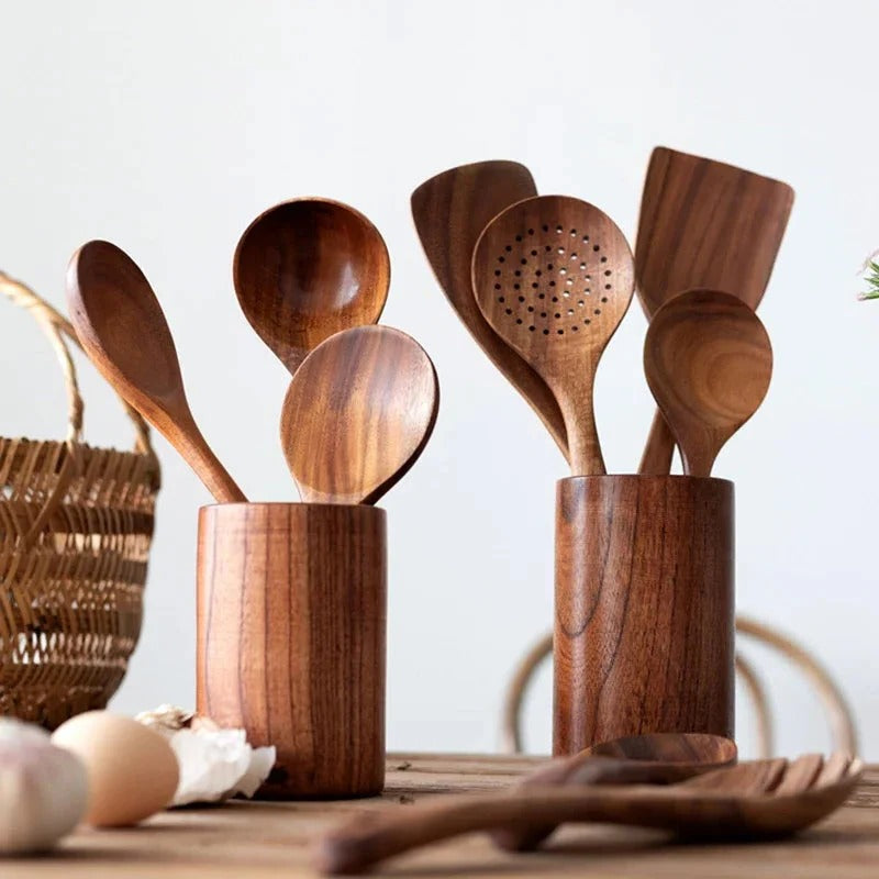 Durable natural teak wood kitchen utensil set, essential cooking tools for daily use, non-stick safe & heat resistant.