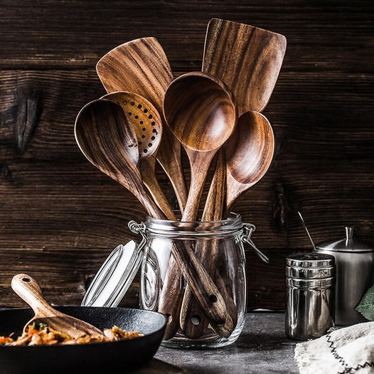 Natural Teak Wood Kitchen Utensil Set. Sustainable, eco-friendly cooking tools for the home chef.