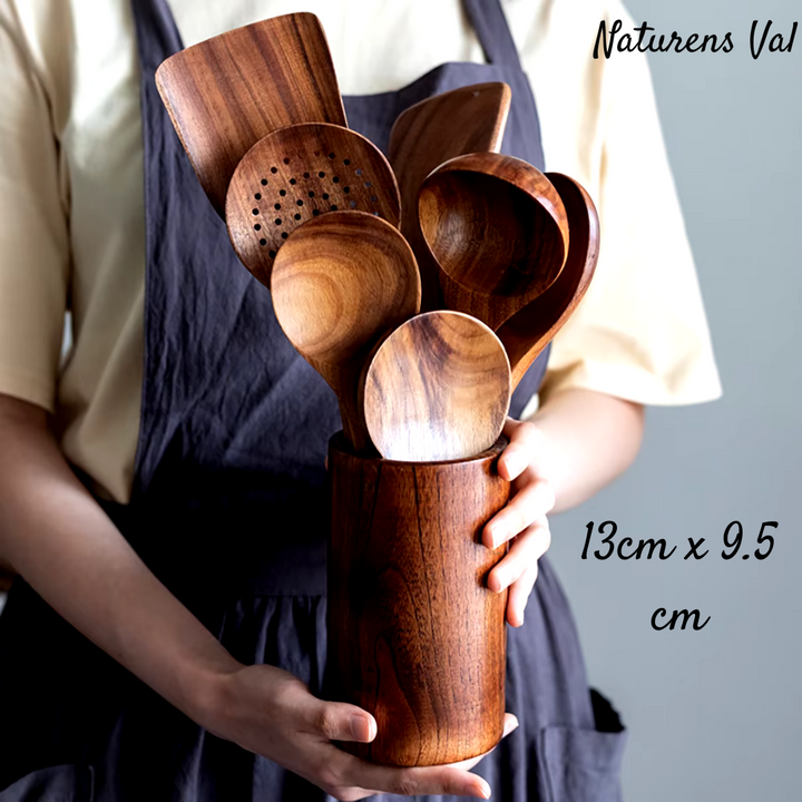 Durable natural teak wood kitchen utensil set. Long-lasting, sustainable cooking tools for every home chef.