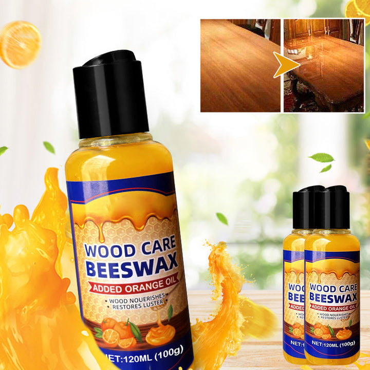 Application of beeswax wood polish on a wooden table, showing before and after restoration effect