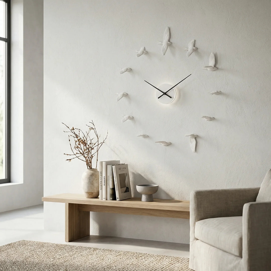 Nature-inspired decorative wall clock with artistic bird design, perfect for modern living room decor. Silent & stylish home accent.