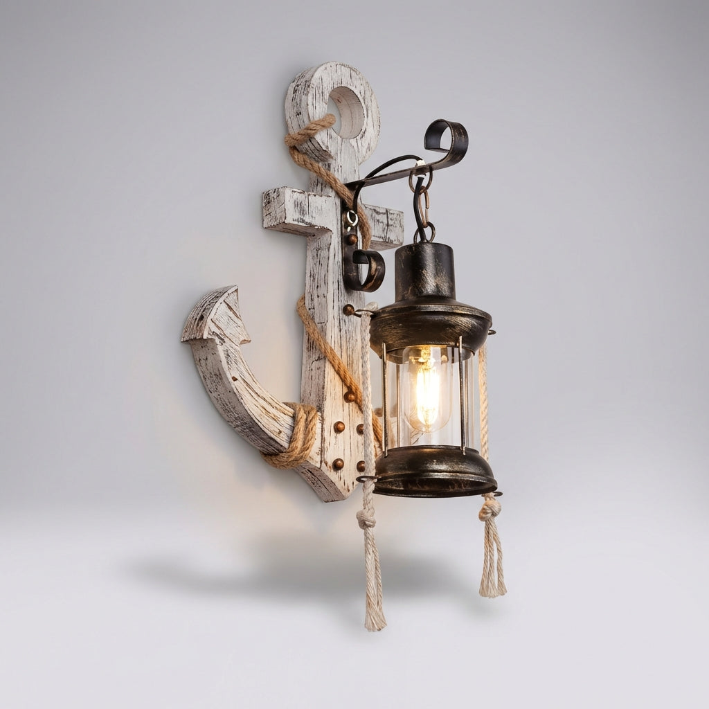 Rustic nautical anchor wall sconce, maritime LED lantern. Ideal coastal home decor & wall light.