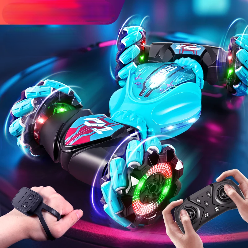 NeonRove dual control stunt car with gesture sensing. Rechargeable RC toy for kids, performs drifts & flips.