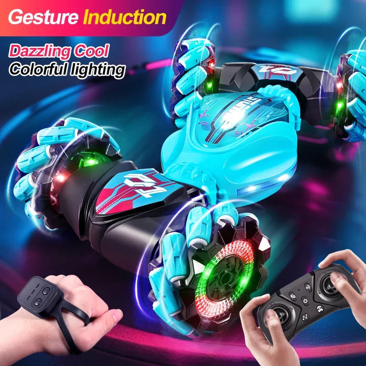Unisex gesture control stunt car in action, drifting with bright LED lights, perfect for outdoor play.