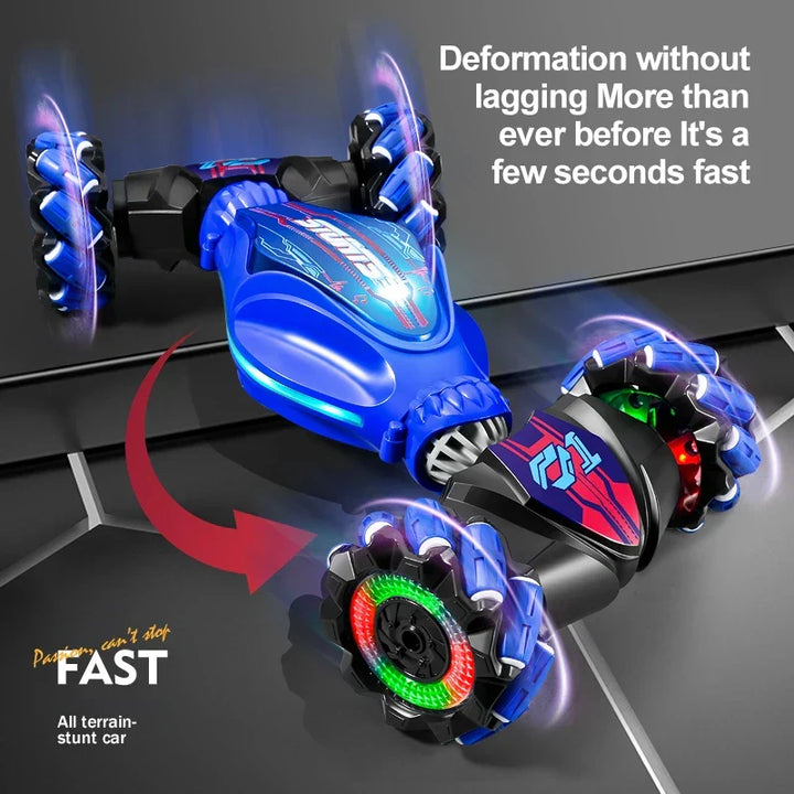 Dynamic stunt car for kids, featuring dual control (remote & gesture) & vibrant LED lights for exciting play.
