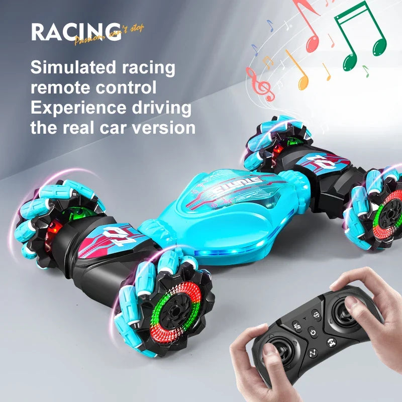 Close-up of the NeonRove RC stunt car, highlighting its robust design and off-road wheels ready for action.