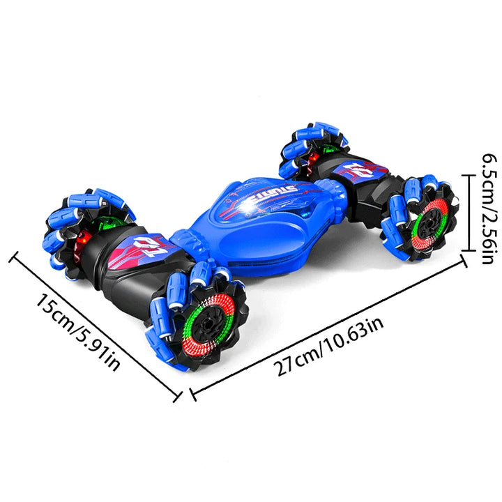 A child's hand demonstrating gesture control for the NeonRove stunt car, an innovative RC toy.