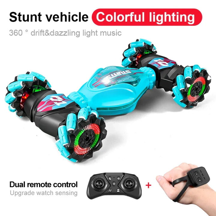 NeonRove stunt car racing outdoors, a durable, high-performance remote control toy with cool LED lights.