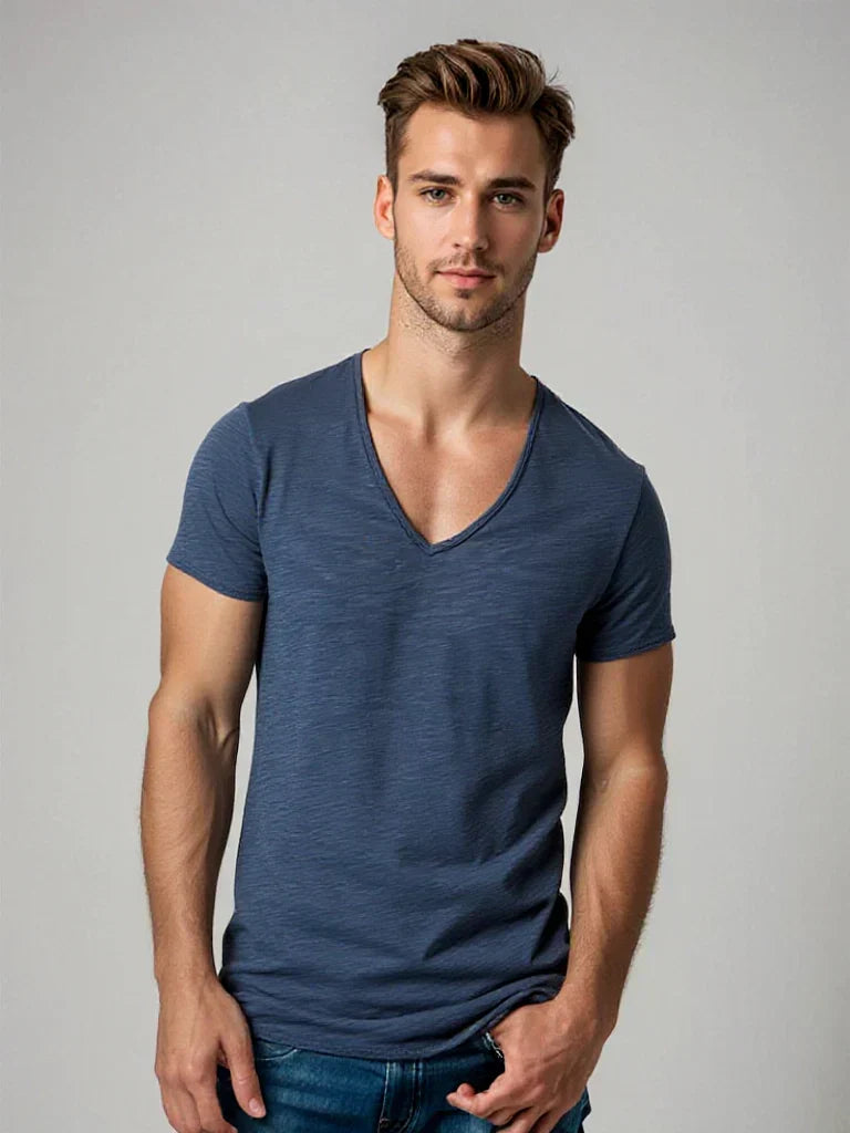New men's V-neck t-shirt, comfortable everyday short sleeve top, ideal for casual wear & versatile style.