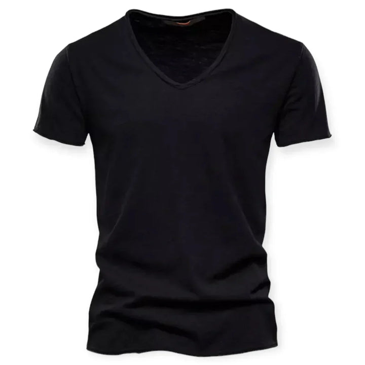 Display of men's short sleeve V-neck t-shirts, comfortable everyday tees, versatile for casual wear.