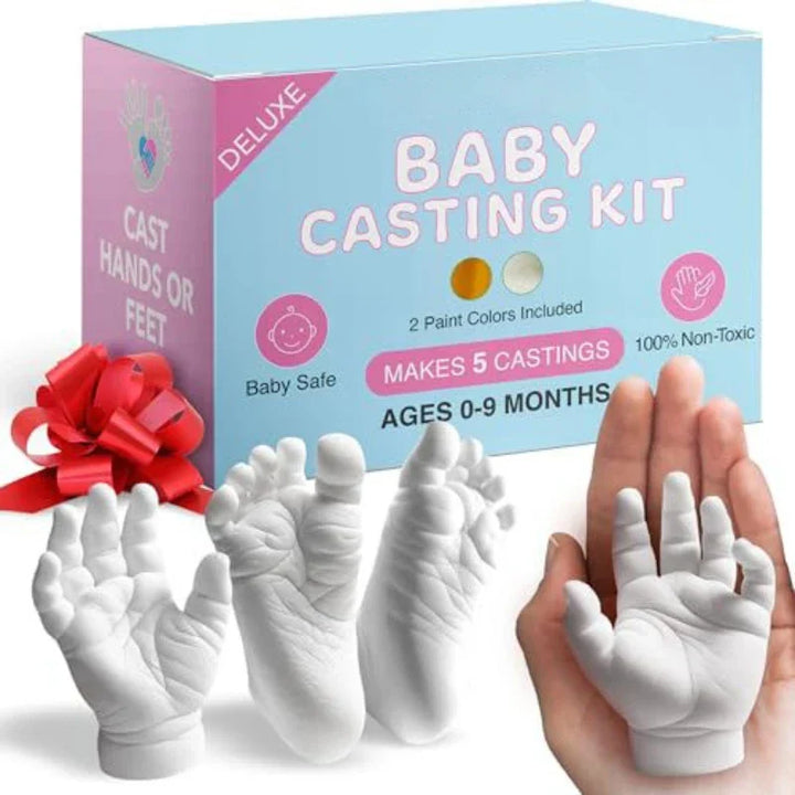 Contents of Mementa non-toxic DIY baby hand cast kit. Everything needed for a safe, easy newborn keepsake footprint.