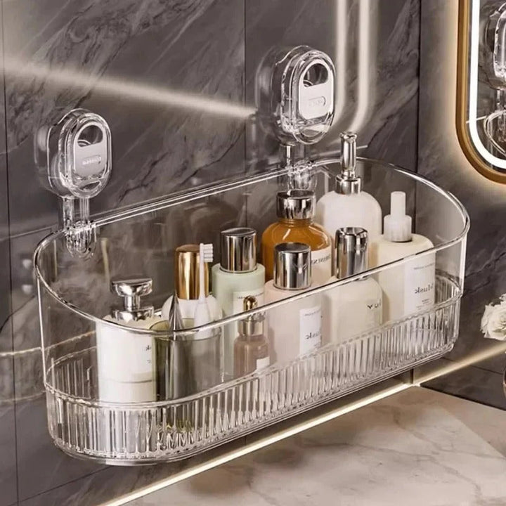 No-drill suction cup shower caddy for bathroom organization, wall mount, damage-free storage shelf.