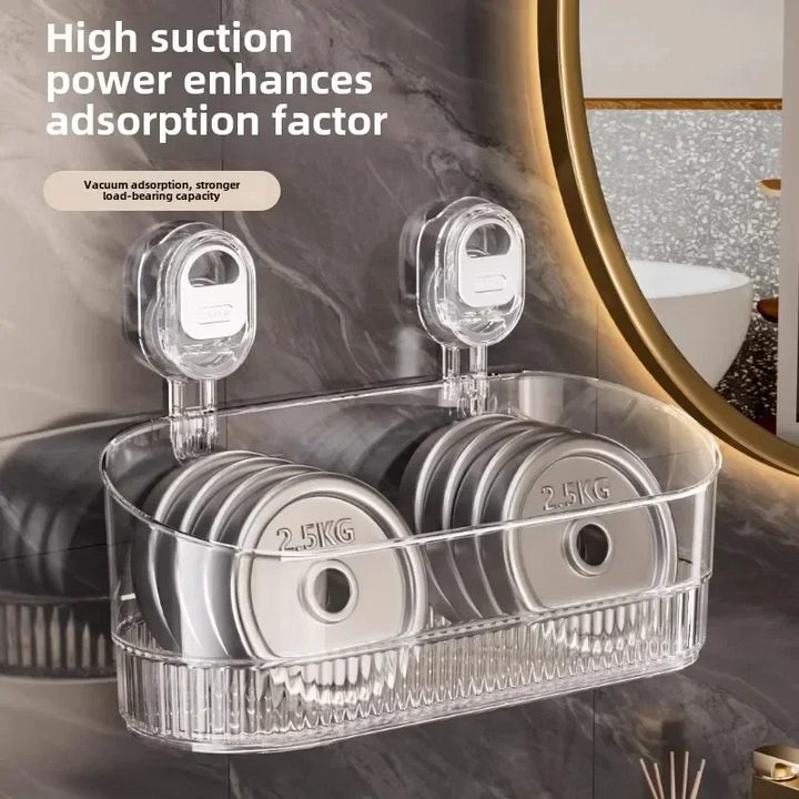 Damage-free suction cup shower organizer. Easy-to-install wall mount shelf for bathroom storage.