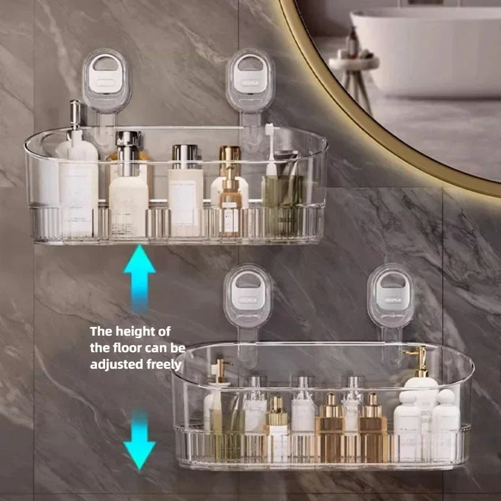 Keep your bathroom tidy with this suction cup shower caddy. No-drill wall mount storage organizer.