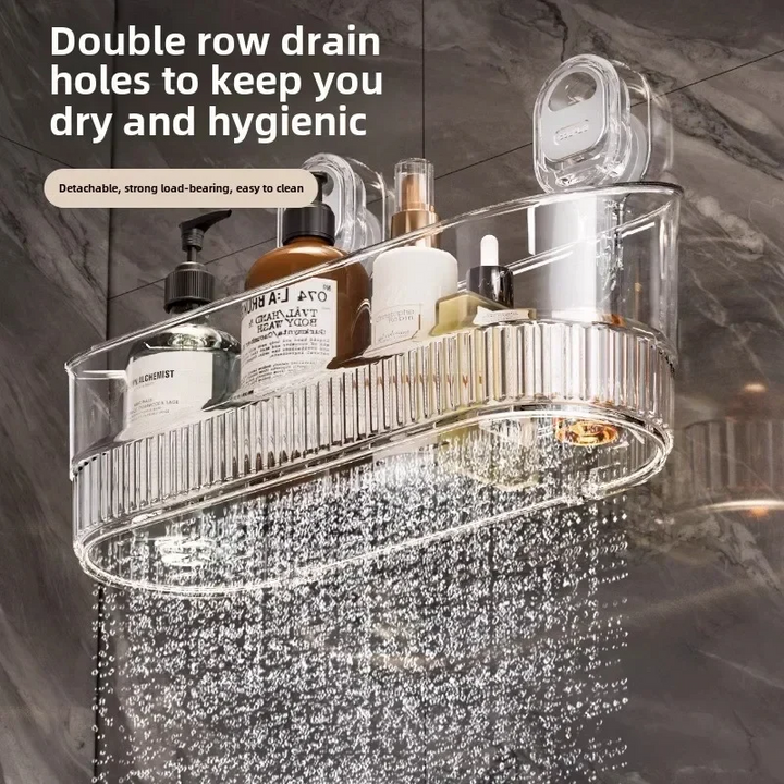 Modern suction cup shower shelf organizer. No-drill bathroom storage solution for space-saving.