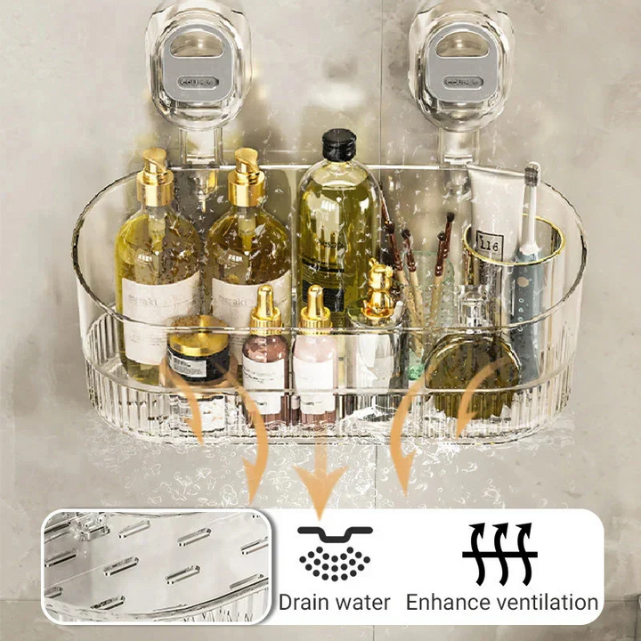 Suction cup shower caddy holds shampoo, soap & bath essentials. No-drill, wall mount bathroom storage.