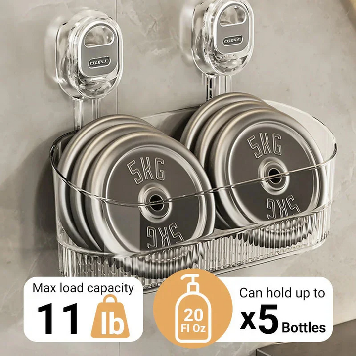 Versatile suction cup shower caddy for home organization. No-drill wall mount bath storage shelf.