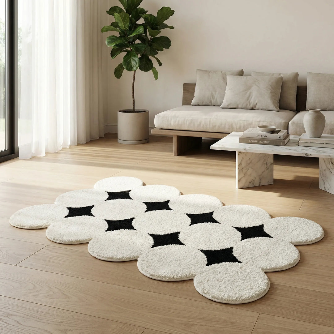 Non-slip absorbent bath mat in modern wave design. Soft plush rug for ultimate bathroom comfort & decor.