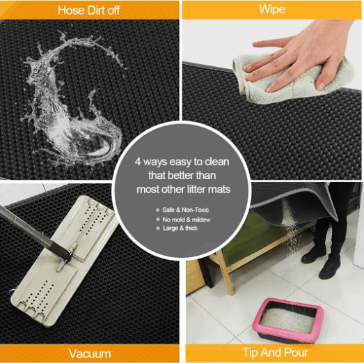 Packaged non-slip cat litter trapping mat, highlighting key features like waterproof and odor control