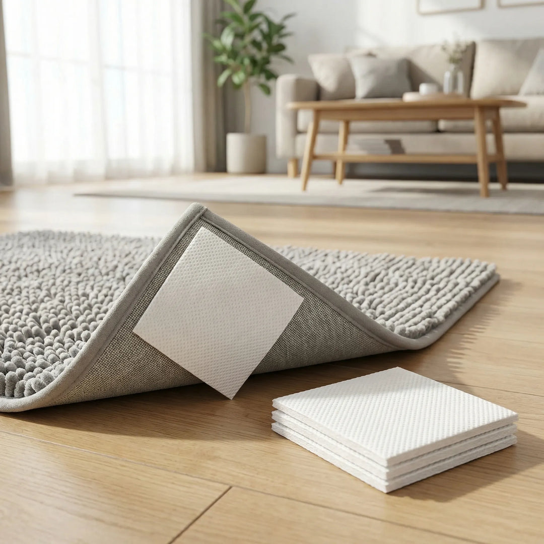 Non-slip rug gripper pads for floor safety; prevents movement of area rugs. Anti-slip carpet grip for secure mats.