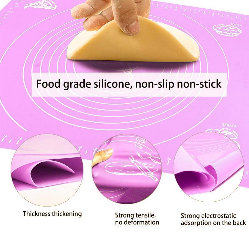 Black non-stick silicone baking mat with measurement guides, an essential food-grade kitchen & cooking aid.