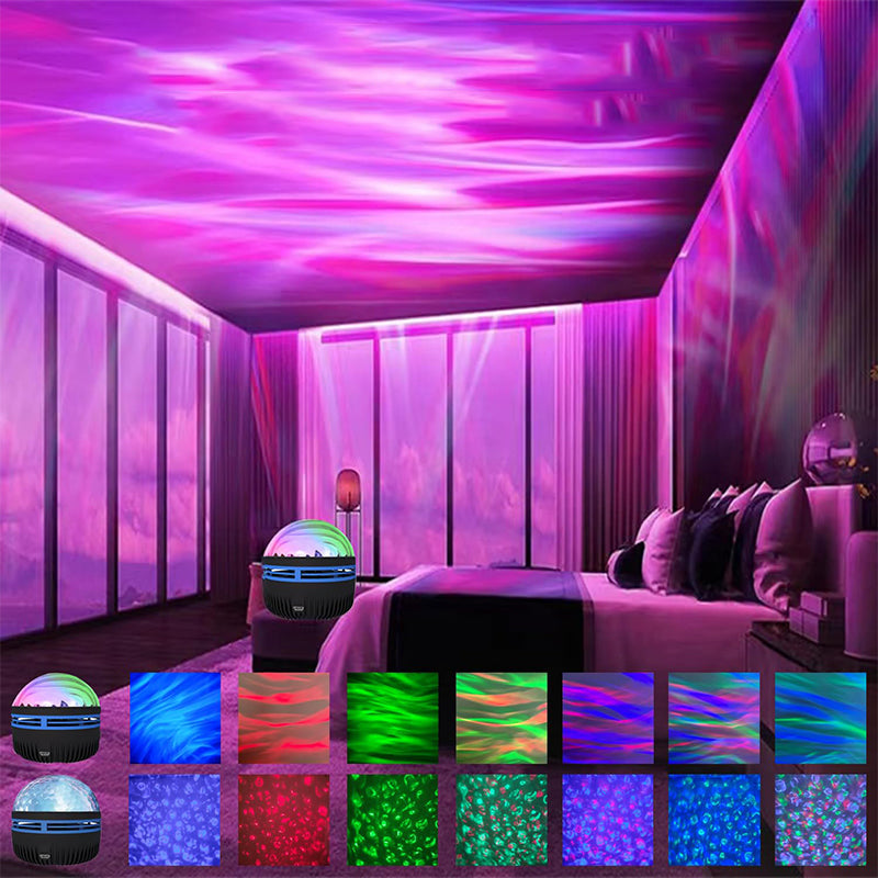 Northern Lights & Ocean Wave Projector Lamp illuminating a bedroom with colorful aurora and ocean ripples