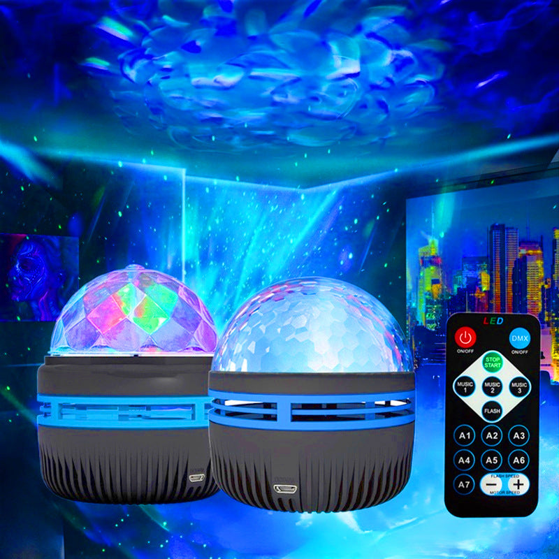 Bedroom transformed by a galaxy projector, showcasing dynamic Northern Lights and soothing ocean waves