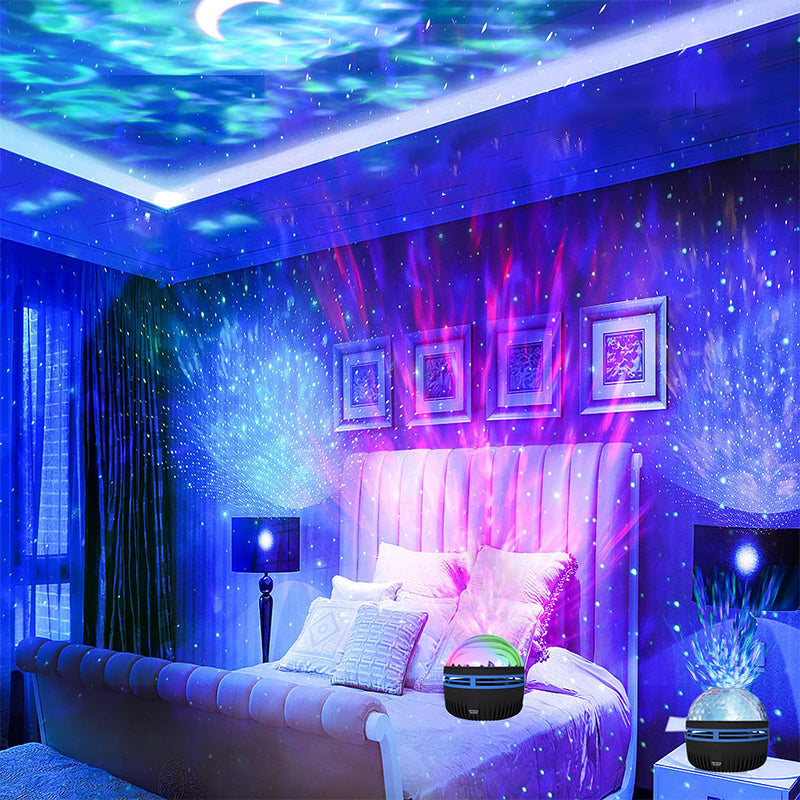 Mood lighting projector lamp: Northern Lights and ocean wave effects transforming a dark room