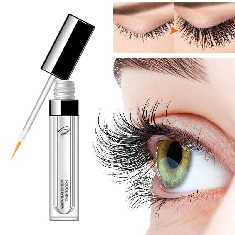 Macro shot of an eyelash with Nourishing Eyelash Growth Serum, showing lash growth.