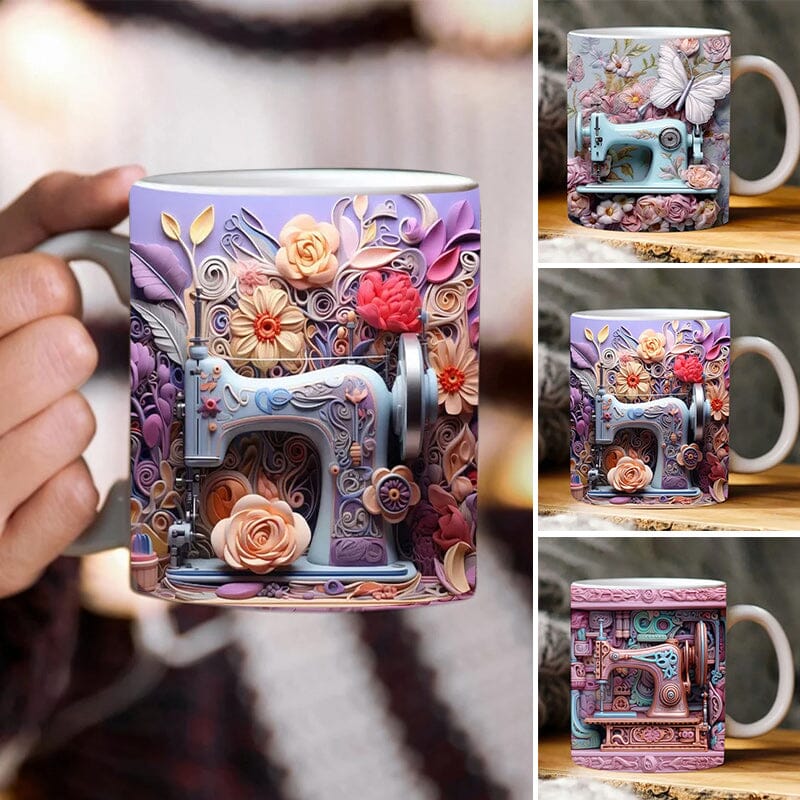 Novelty 3D sewing themed ceramic coffee mug, perfect quilter gift with spool and thimble accent.