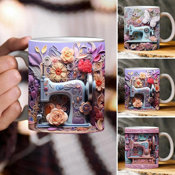 Novelty 3D sewing themed ceramic coffee mug, perfect quilter gift with spool and thimble accent.