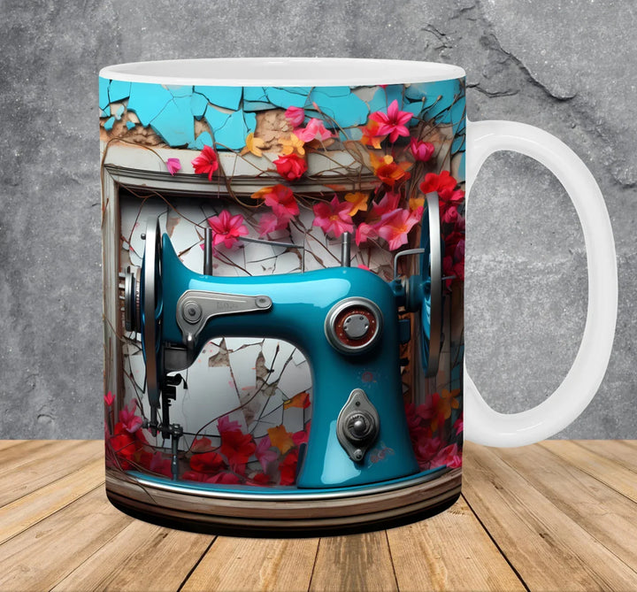 Stack of colorful sewing threads next to a novelty 3D sewing ceramic mug, craft room photo.