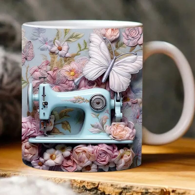 Detail of the mug's rim showing a delicate 3D sewing pattern, a charming unique gift for sewers.