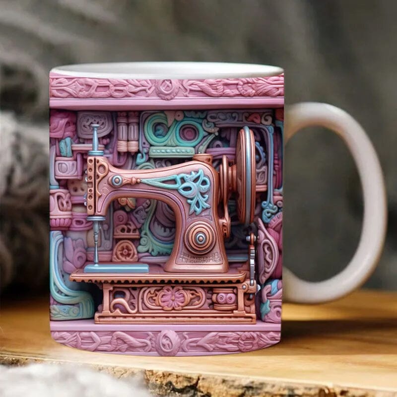 Collection of crafting tools surrounding a novelty 3D sewing ceramic coffee mug, great for quilters.