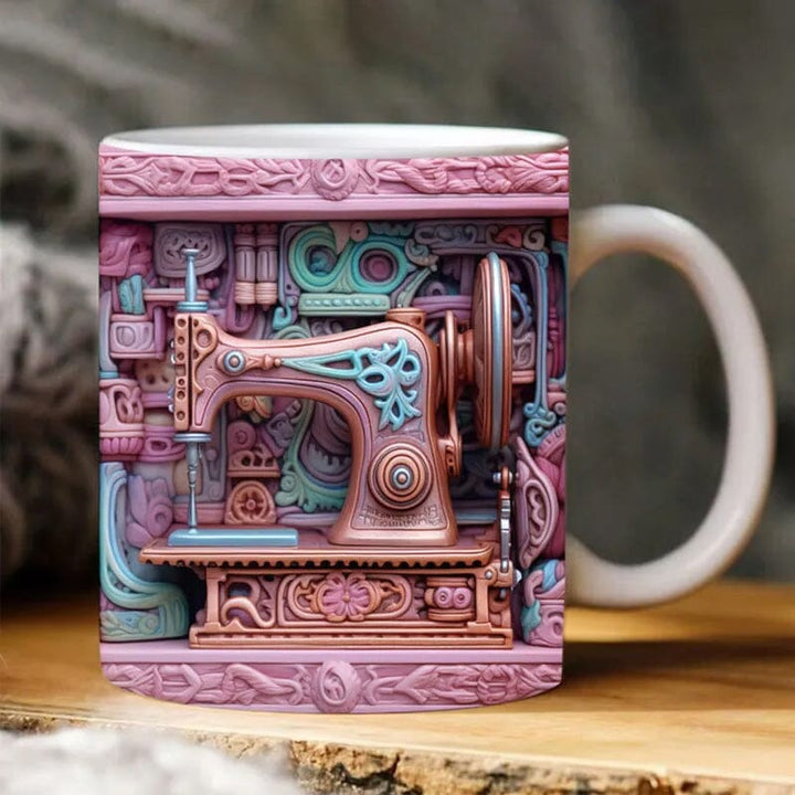 Collection of crafting tools surrounding a novelty 3D sewing ceramic coffee mug, great for quilters.