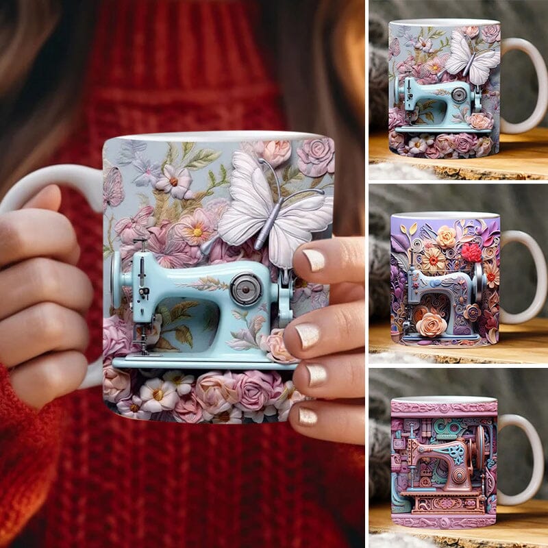Unique ceramic coffee mug featuring 3D sewing spool, thimble, and button accents, ideal craft gift.