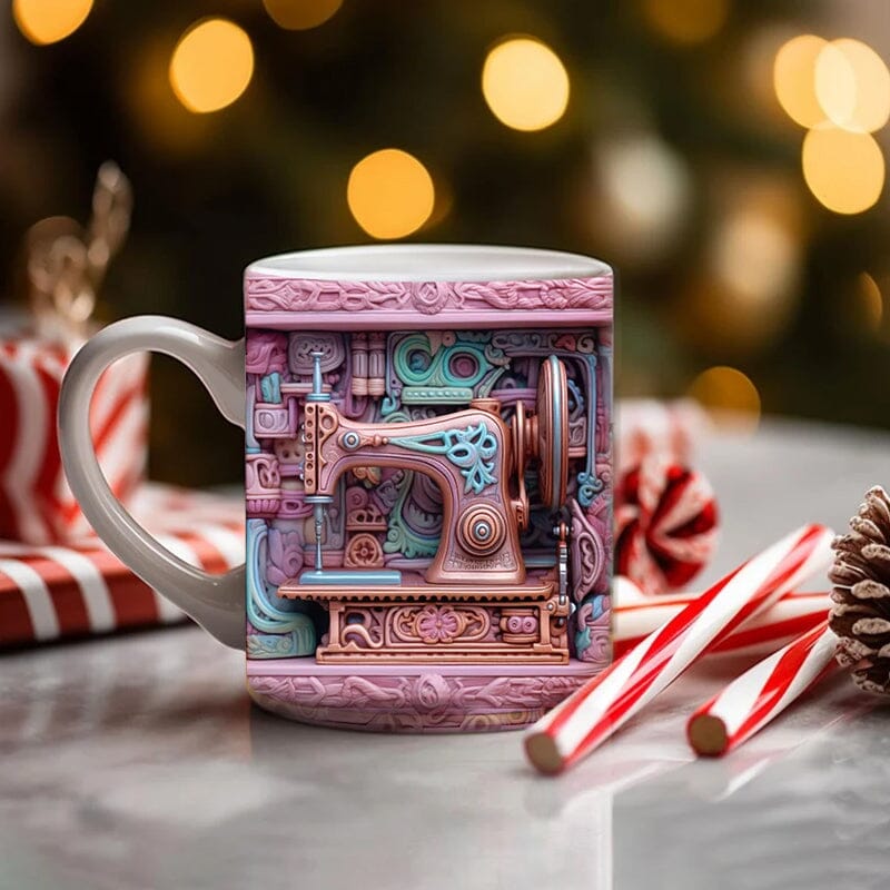 Close-up of a novelty 3D sewing ceramic mug, highlighting the detailed thimble and button design.