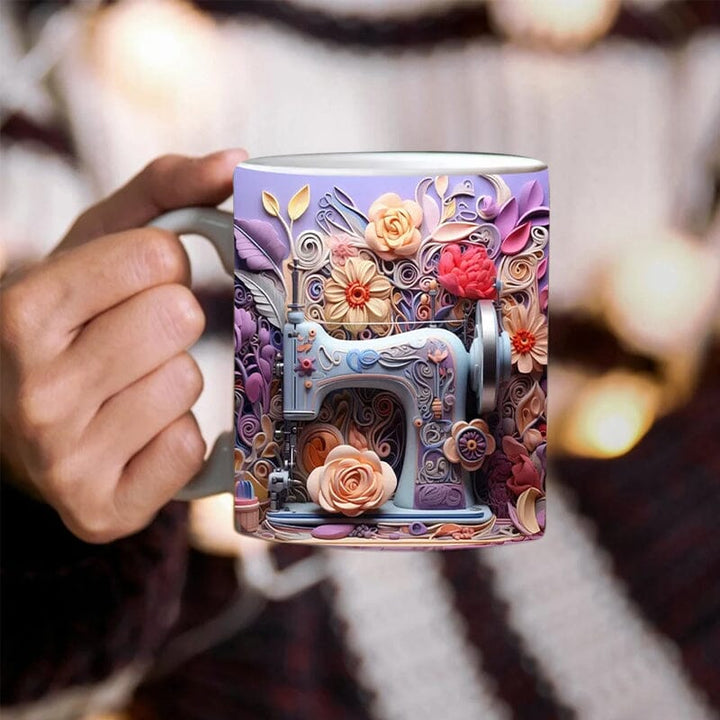 Ergonomic handle of a sewing themed ceramic coffee mug, comfortable and stylish kitchenware.
