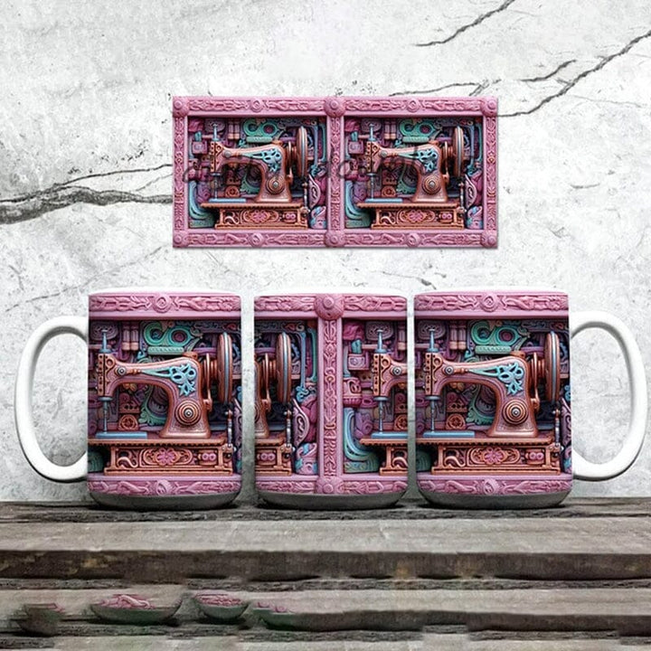 Side view of a novelty 3D ceramic coffee mug, showcasing the unique sewing machine motif.