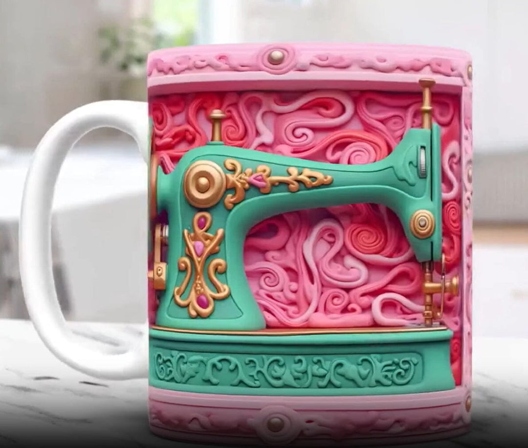 Novelty 3D sewing themed mug filled with steaming coffee, perfect for craft enthusiasts and quilters.