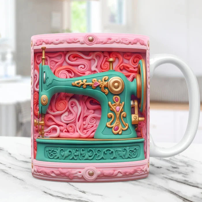 Craft room essentials: Novelty 3D sewing ceramic coffee mug, an excellent addition to home decor.