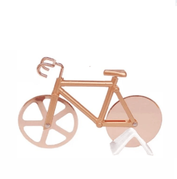 Red bicycle pizza slicer, dual stainless steel blades for smooth cutting, perfect for pizza night