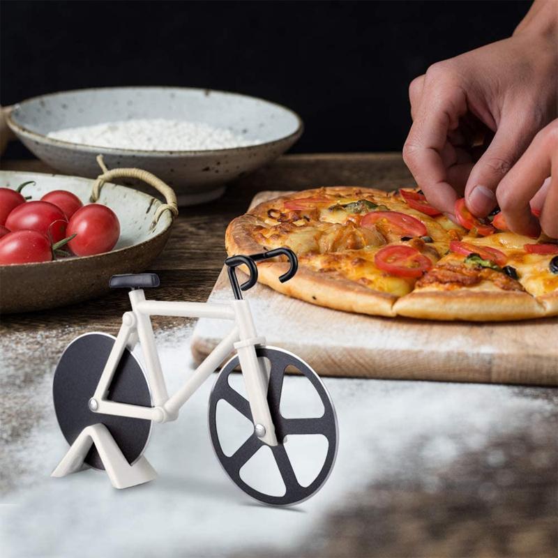 Modern bicycle pizza slicer, red body, stainless steel cutting wheels, unique kitchen gift for foodies