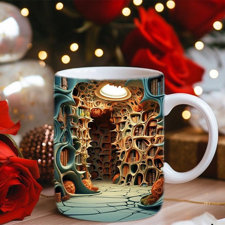 Detailed shot of the glazed finish on a unique 3D ceramic coffee mug, premium drinkware