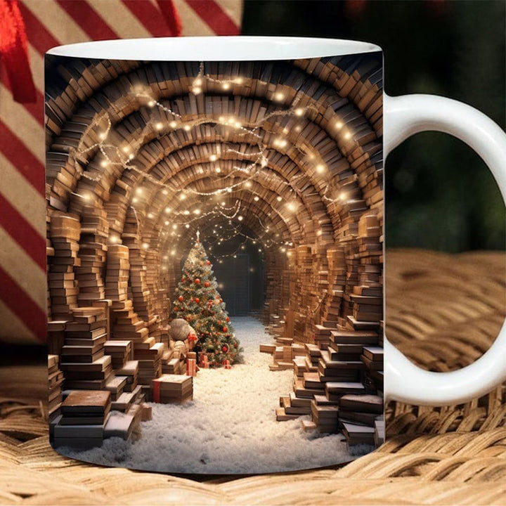 Top-down view into a novelty ceramic 3D coffee mug, ready for your favorite beverage