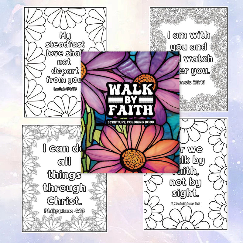 Adult coloring book with a mandala-style cross and a Bible scripture, promoting calm and reflection.