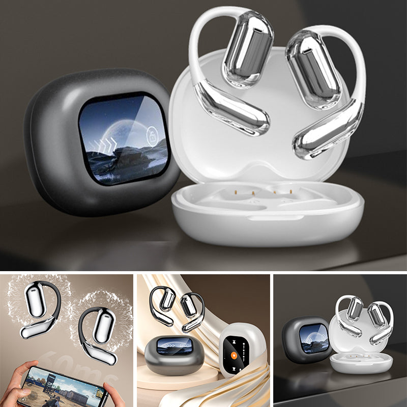 Wireless open ear earbuds with a sleek portable charging case, highlighting advanced audio tech.