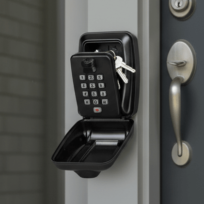 Outdoor key safe box for secure spare key storage at home or garage. Weatherproof metal for home access.