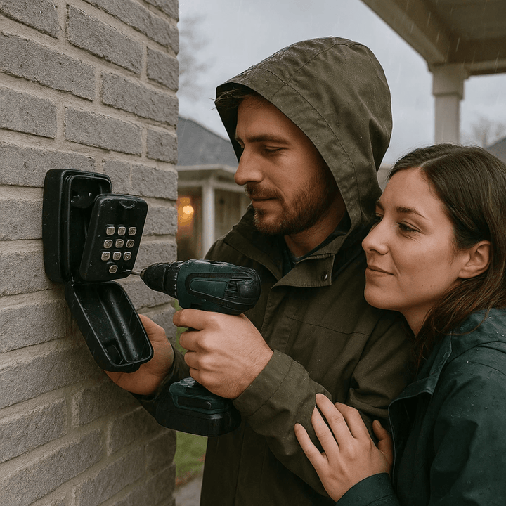 Secure outdoor key safe box with code for home access. Ideal for rental properties, garages & emergencies.