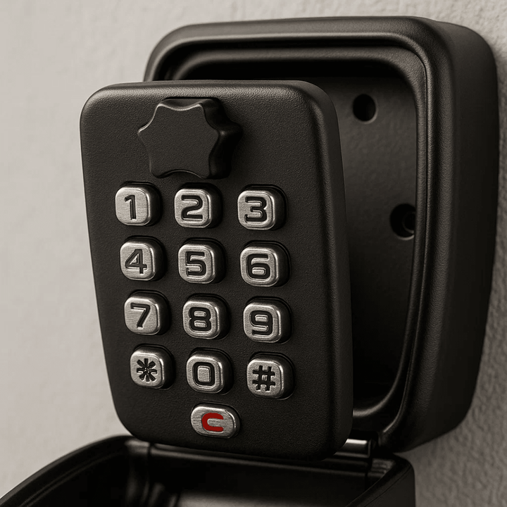Weatherproof metal key safe box for outdoor home security. Perfect for garage, spare keys, and property access.
